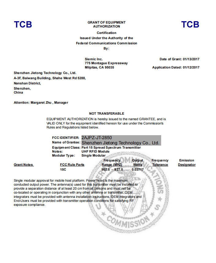 Certificado JT-2850 FCC
