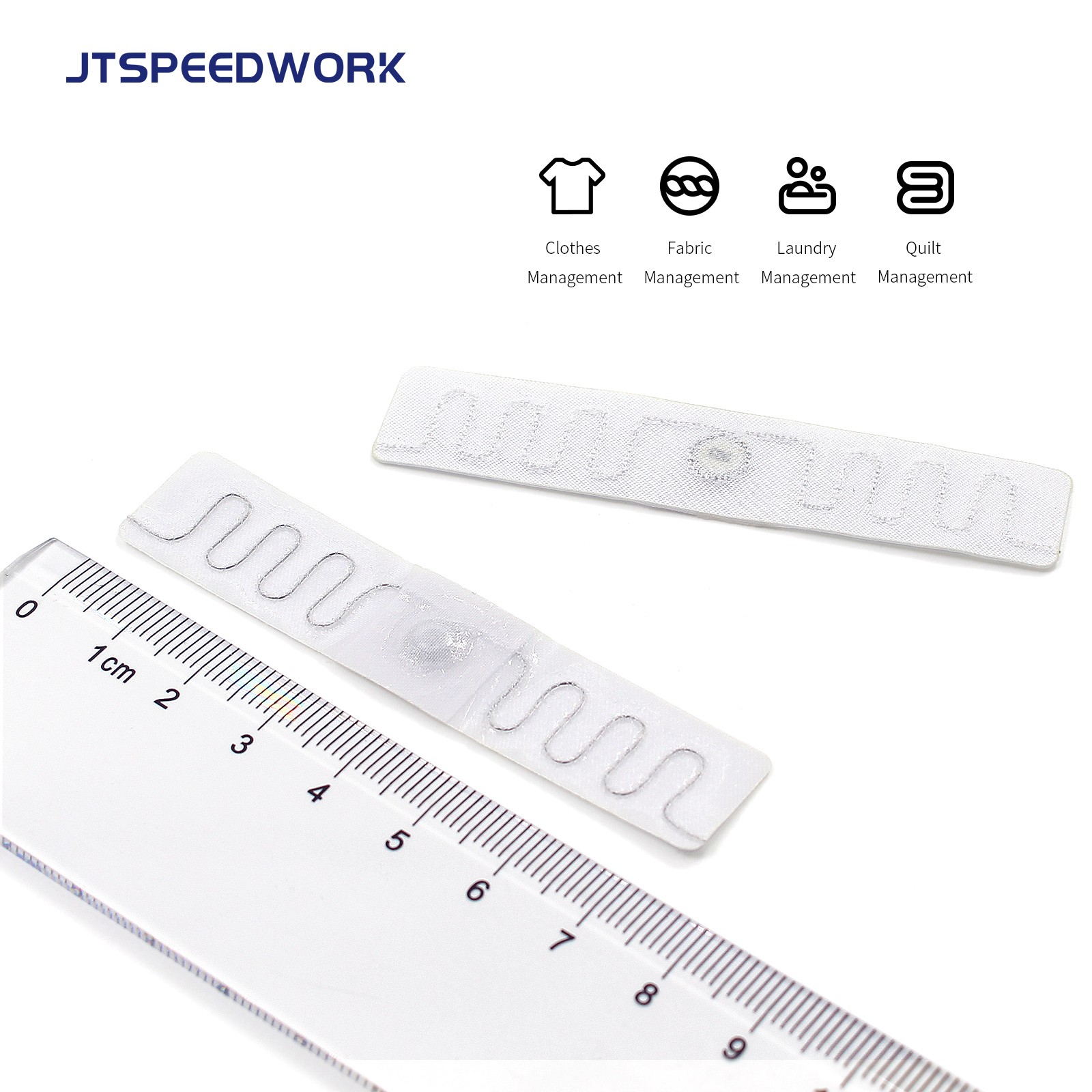 JT-F7515 902-928Mhz UHF Etiqueta RFID lavable para tela 75x15mm