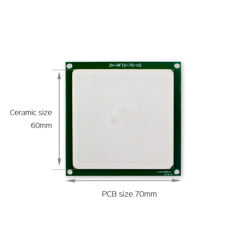 Antena cerámica RFID UHF JT-T0060 de 4 dBi, 860-960 MHz, polarización circular RHCP, conector personalizable.