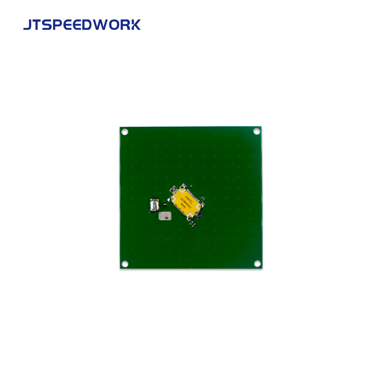Antena cerámica RFID UHF JT-T0060 de 4 dBi, 860-960 MHz, polarización circular RHCP, conector personalizable.