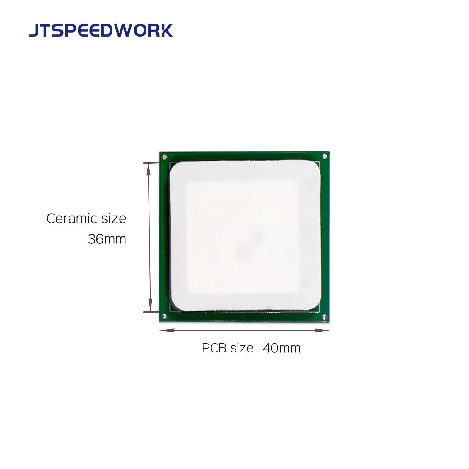 Antena cerámica RFID UHF JT-T0036 de 3 dBi, 36*36 mm, 865-868/902-928 MHz, RHCP para PDA